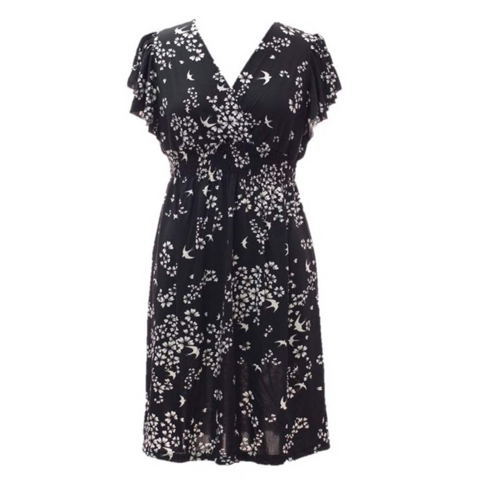 Women's Summer Black Midi Dress Surplice Neckline Flutter Sleeves Size S-XL
